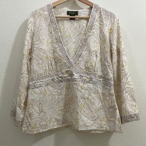 Eddie Bauer Embroidered Floral 3/4 Sleeve V-Neck Blouse - Cream/Brown/Yellow